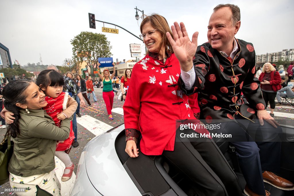 Congressman Adam Schiff, California Senate candidate, walks and rides in Los Angeles Lunar New Year Parade