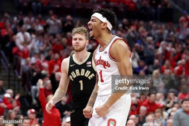 Roddy Gayle Jr. #1 of the Ohio State Buckeyes reacts after dunking the ball during the first half of the game against the Purdue Boilermakers at...