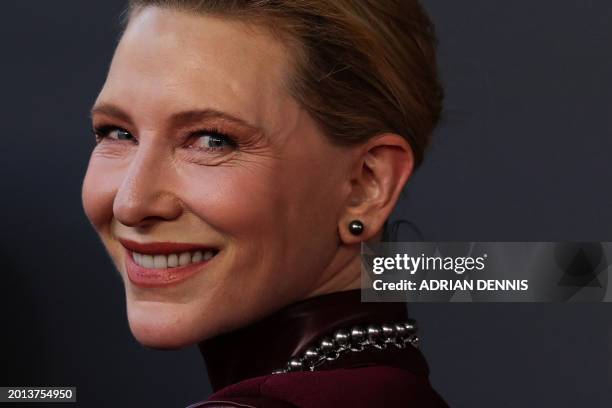 Australian actress Cate Blanchett poses on the red carpet upon arrival at the BAFTA British Academy Film Awards at the Royal Festival Hall, Southbank...