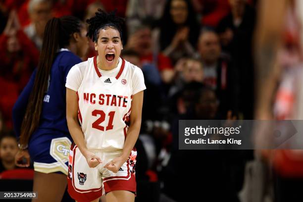 Madison Hayes of the NC State Wolfpack reacts following a basket during the second half of the game against the Georgia Tech Yellow Jackets at...