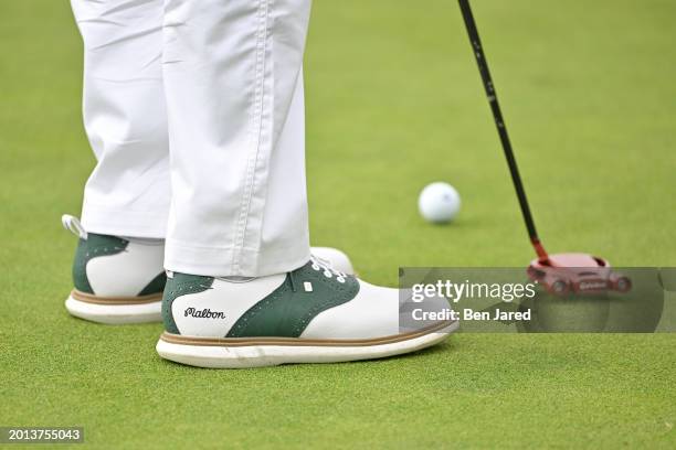 Jason Day of Australia's golf shoes are seen during the final round of The Genesis Invitational at Riviera Country Club on February 18, 2024 in...