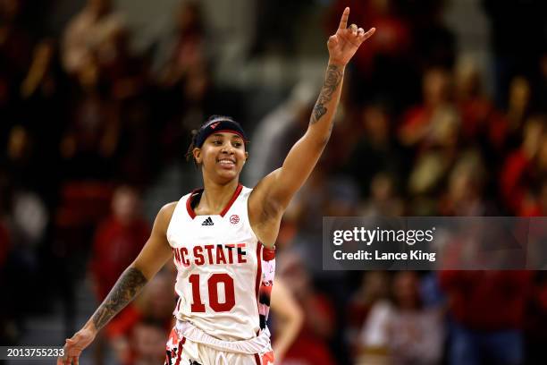 Aziaha James of the NC State Wolfpack reacts following a three-point basket during overtime of the game against the Georgia Tech Yellow Jackets at...