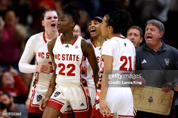 River Baldwin and Aziaha James react following a basket by Saniya Rivers of the NC State Wolfpack during the second half of the game against the...