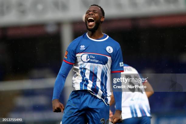 Mani Dieseruvwe is celebrating after scoring the second goal for Hartlepool United during the Vanarama National League match against Boreham Wood at...