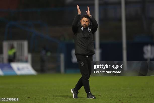 Kevin Phillips, the manager of Hartlepool United, is applauding their supporters after the Vanarama National League match between Hartlepool United...