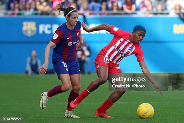 Aitana Bonmati and Rasheedat Ajibade are playing in the match between FC Barcelona and Atletico de Madrid for week 19 of the Liga F at the Johan...