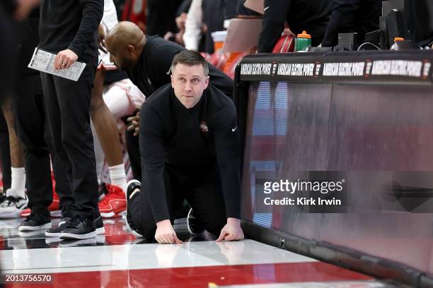 Interim head coach Jake Diebler of the Ohio State Buckeyes watches as time expires and his team upsets the Purdue Boilermakers at Value City Arena on...