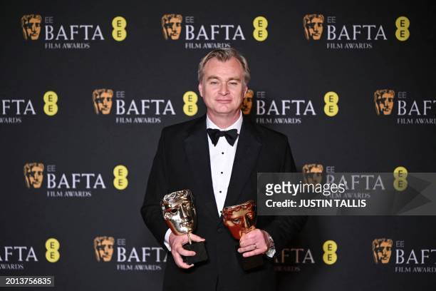 British film producer and director Christopher Nolan poses with the award for Best film and Best director for "Oppenheimer" during the BAFTA British...
