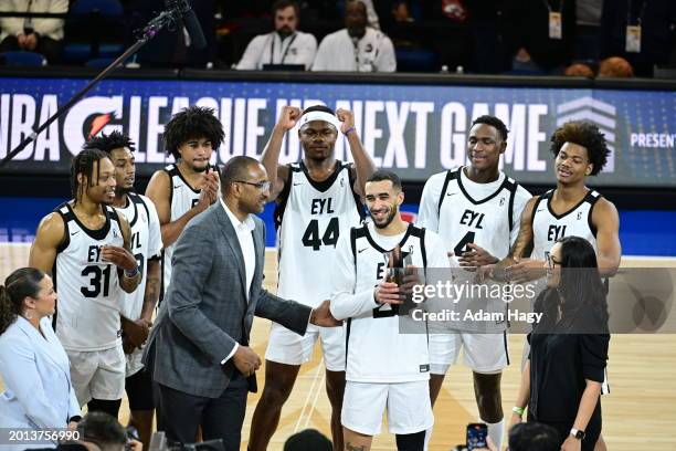 Trevelin Queen of Team EYL celebrates during the G League Next Up Game Presented by AT&T as part of NBA All-Star Weekend on February 18, 2024 at...