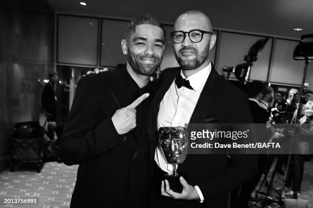 Kingsley Ben-Adir and Cord Jefferson, winner of the Adapted Screenplay Award for "American Fiction", pose backstage during the EE BAFTA Film Awards...