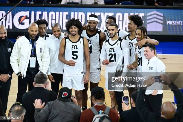 Trevelin Queen of Team EYL celebrates during the G League Next Up Game Presented by AT&T as part of NBA All-Star Weekend on February 18, 2024 at...