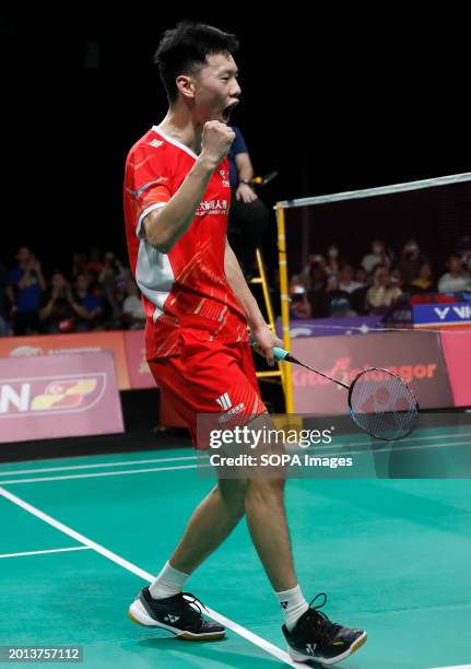 Lei Lan Xi of China plays against Ewe Eogene of Malaysia during the Men's Singles final match at the Badminton Asia Team Championships 2024 at Setia...