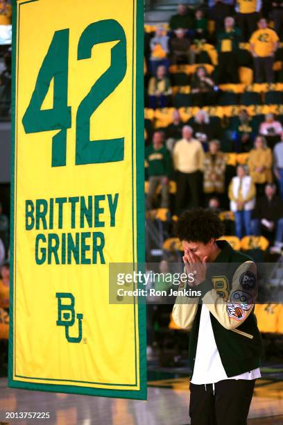 Former Baylor Bears player Brittney Griner reacts as her jersey is retired before the game between the Baylor Bears and the Texas Tech Red Raiders at...