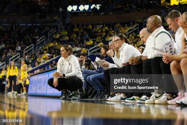 Michigan State Spartans head coach Robyn Fralick watches the action on the court during the third quarter of a regular season Big Ten Conference...