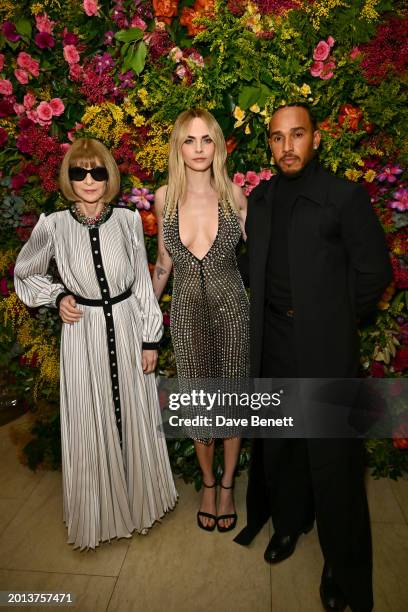 Editor-In-Chief of American Vogue and Chief Content Officer of Conde Nast Dame Anna Wintour, Cara Delevingne and Lewis Hamilton attend the British...