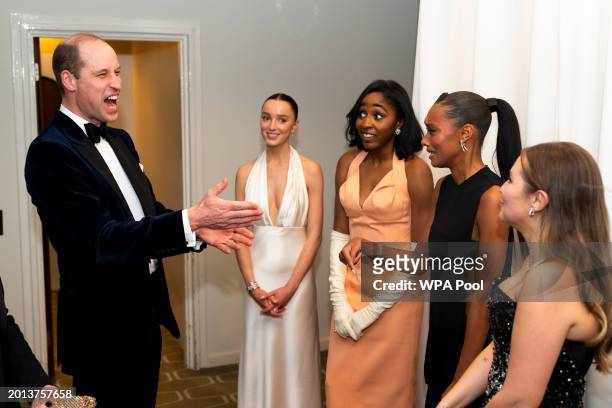 Prince William, Prince of Wales, president of Bafta meets EE Rising Stars Phoebe Dynevor, Ayo Edebiri, Sophie Wilde and Mia McKenna Bruce after the...