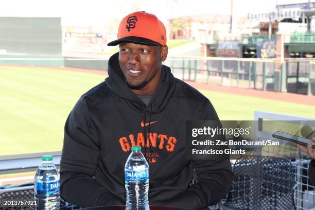 Jorge Soler of the San Francisco Giants meets with media during a press conference at Scottsdale Stadium on February 18, 2024 in Scottsdale, Arizona.