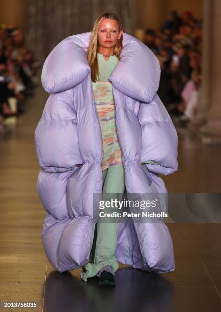 Model walks the runway at the Holzweiler show during London Fashion Week February 2024 on February 18, 2024 in London, England.