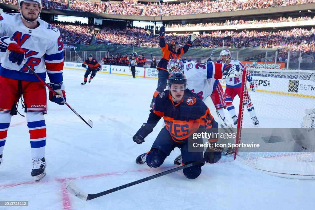 Islanders Rangers Fight Matthew Barzal of the New York Islanders celebrates after he scores ...