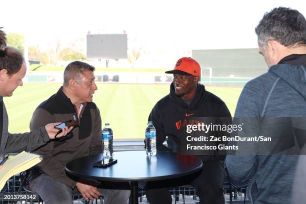 Erwin Higueros and Jorge Soler of the San Francisco Giants meets with media during a press conference at Scottsdale Stadium on February 18, 2024 in...