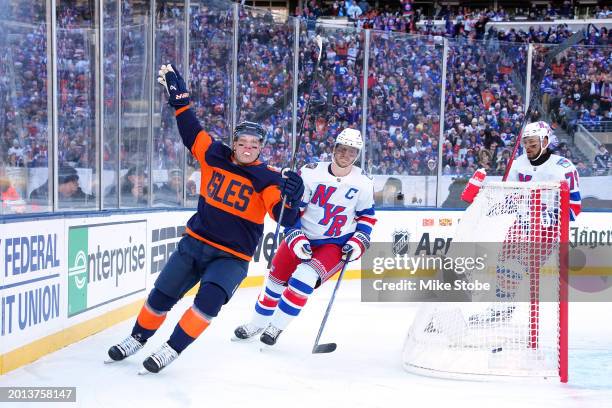 Bo Horvat of the New York Islanders celebrates after scoring a goal against the New York Rangers during the first period during the 2024 Navy Federal...