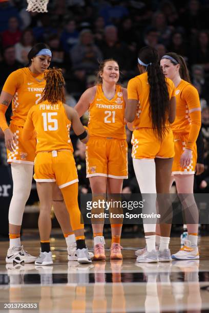 Tennessee Lady Vols guard Tess Darby gathers her teammates center Tamari Key , guard Jasmine Powell , forward Rickea Jackson , and guard Sara Puckett...