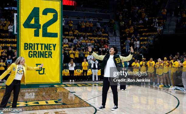 Former Baylor Bears player Brittney Griner reacts during ceremony to retire her jersey before the game between the Baylor Bears and the Texas Tech...