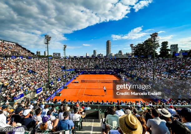 Nicolas Jarry of Chile serves in the Final singles match against Facundo Diaz Acosta of Argentina during the final day of the ATP 250 Argentina Open...