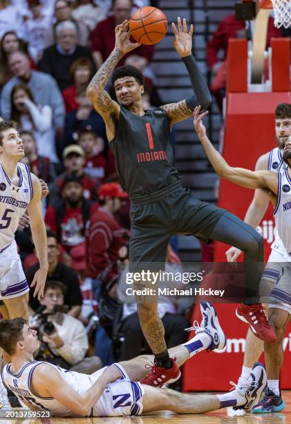 Kel'el Ware of the Indiana Hoosiers rebounds the ball during the second half against the Northwestern Wildcats at Simon Skjodt Assembly Hall on...