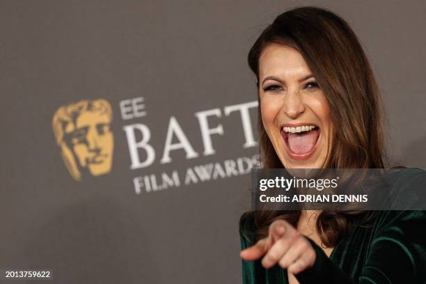 Actress and producer Hester Ruoff poses on the red carpet upon arrival at the BAFTA British Academy Film Awards at the Royal Festival Hall, Southbank...