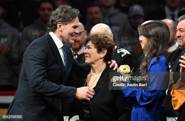 Jaromir Jagr embraces his mother Anna Jagrova during his jersey retirement ceremony before the game between the Pittsburgh Penguins and the Los...