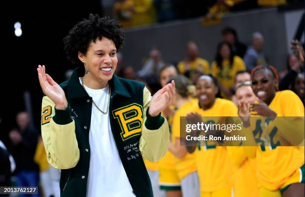 Former Baylor Bears player Brittney Griner reacts as she is introduced before her jersey is retired before the game between the Baylor Bears and the...