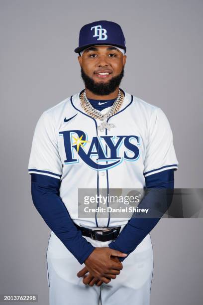 Junior Caminero of the Tampa Bay Rays poses for a photo during the Tampa Bay Rays Photo Day at Charlotte Sports Park on Sunday, February 18, 2024 in...