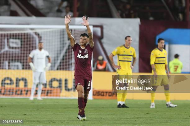 Walter Bou of Lanus celebrates after scoring the team´s first goal during a Copa de la Liga 2024 group B match between Lanus and Boca Juniors at...