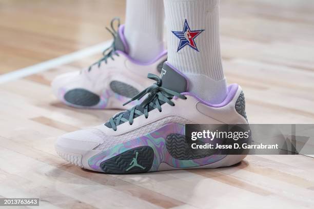 The sneakers of Jayson Tatum of the Eastern Conference before the NBA All-Star Game as part of NBA All-Star Weekend on Sunday, February 18, 2024 at...