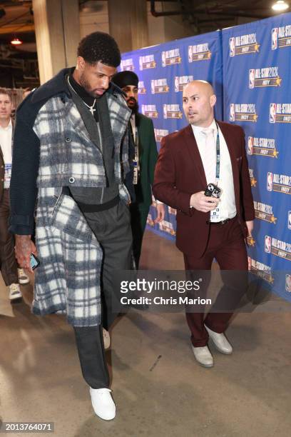 Paul George of the Western Conference arrives to the arena before the game during the NBA All-Star Game as part of NBA All-Star Weekend on Sunday,...