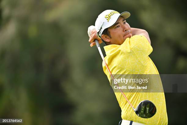 Hideki Matsuyama of Japan tees off on the 17th hole during the final round of The Genesis Invitational at Riviera Country Club on February 18, 2024...