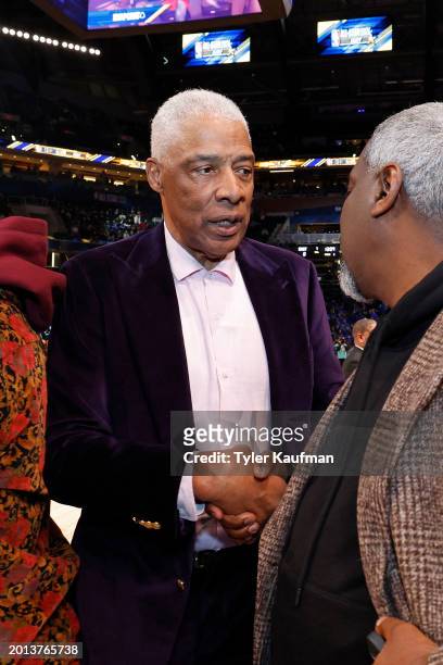Legend Julius Erving looks on during the NBA All-Star Game as part of NBA All-Star Weekend on Sunday, February 18, 2024 at Gainbridge Fieldhouse in...