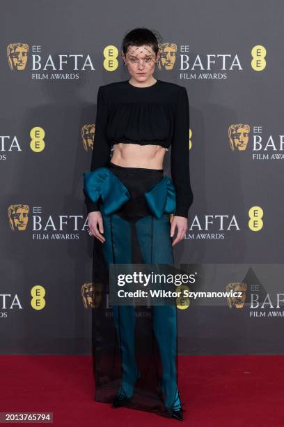 Emma Corrin attends the EE BAFTA Film Awards ceremony at The Royal Festival Hall in London, United Kingdom on February 18, 2024.