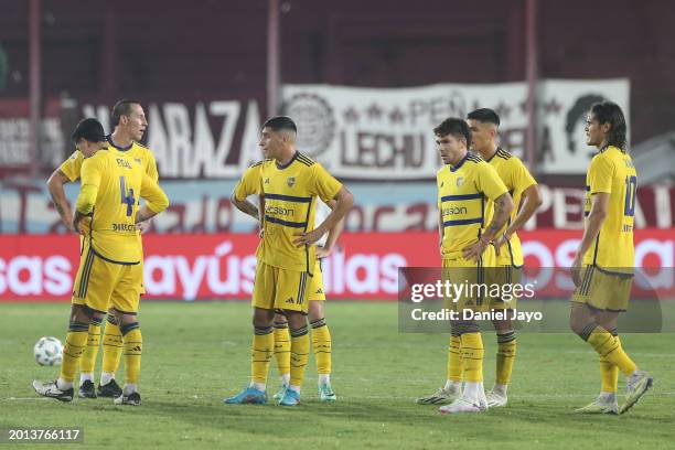 Edinson Cavani of Boca Juniors reacts with teammates after losing a Copa de la Liga 2024 group B match between Lanus and Boca Juniors at Estadio...