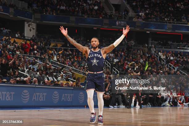 Damian Lillard of the Eastern Conference celebrates during the game against the Western Conference during the NBA All-Star Game as part of NBA...