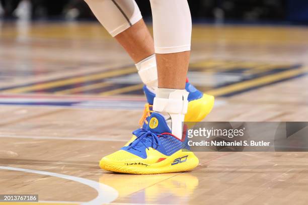 The sneakers worn by Stephen Curry of the Western Conference during the game against the Eastern Conference during the NBA All-Star Game as part of...