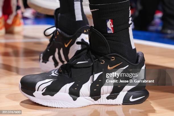 The sneakers of LeBron James the Western Conference drives to the basket during the NBA All-Star Game as part of NBA All-Star Weekend on Sunday,...