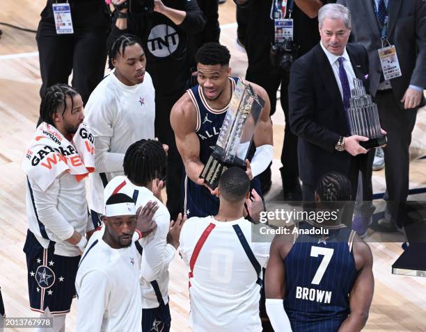 Players of Team Giannis celebrate after winning the 73rd NBA All-Star game between Team LeBron and Team Giannis at Gainbridge Fieldhouse in...