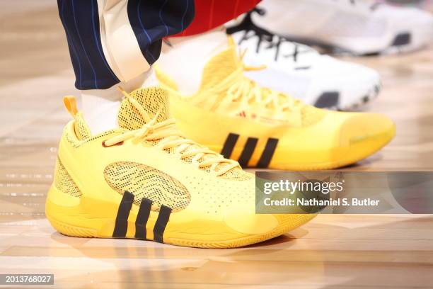 The sneakers worn by Donovan Mitchell of the Eastern Conference during the game against the Western Conference during the NBA All-Star Game as part...