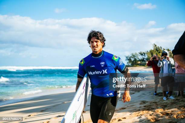 Three-time WSL Champion Gabriel Medina of Brazil prior to surfing in Heat 4 of the Round of 32 at the Hurley Pro Sunset Beach on February 18, 2024 at...