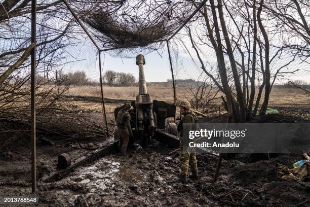Ukrainian soldiers firing a D20 artillery gun at Russian positions in the direction of Bakhmut as the Russia-Ukraine war continues in the Donetsk...