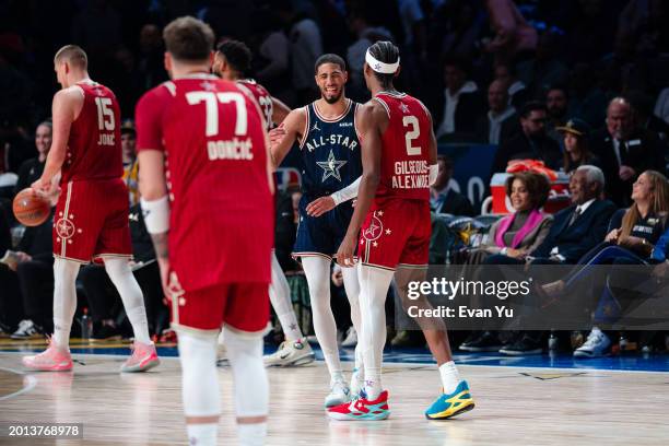 Tyrese Haliburton of the Eastern Conference smiles during the NBA All-Star Game as part of NBA All-Star Weekend on Sunday, February 18, 2024 at...