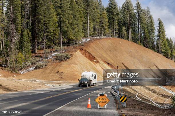 Construction on the Omega Curves Project along California State Route 20 is causing land and rock slides due to winter atmospheric rivers and snow...