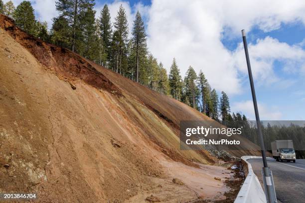 Construction on the Omega Curves Project along California State Route 20 is causing land and rock slides due to winter atmospheric rivers and snow...